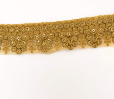 Brown Net Lace Trim With Floral Embroidery And Gold Sequins, Sequinned Trim, Wedding Trim Bridal Trim
